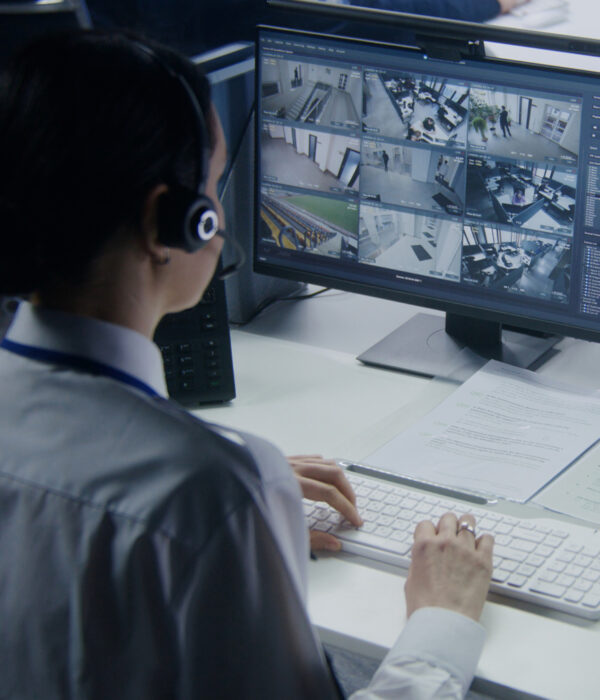 Security personnel monitoring CCTV footage in an office