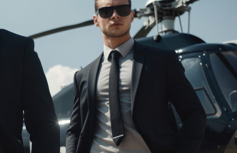 Imposing security operative in a sharp suit and sunglasses standing confidently in front of a sleek helicopter.
