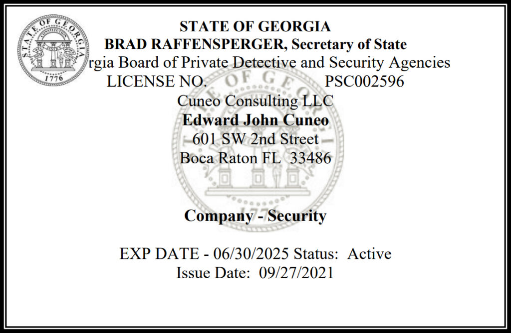 State of Georgia Security License for Cuneo Consulting LLC, certified by Secretary of State Brad Raffensperger.