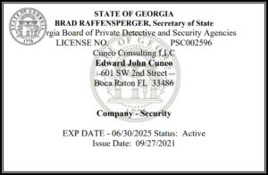 State of Georgia Security License for Cuneo Consulting LLC, certified by Secretary of State Brad Raffensperger.