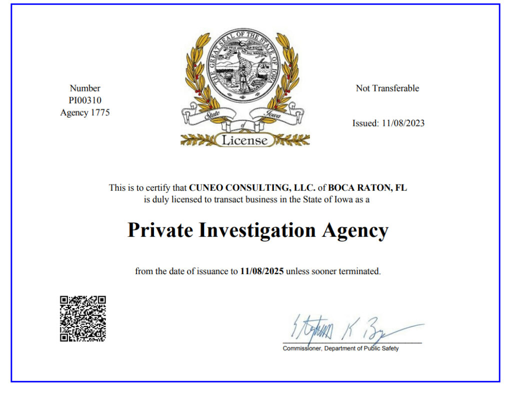 Iowa State Private Investigation Agency license for Cuneo Consulting, LLC, with validity until 11/08/2025.