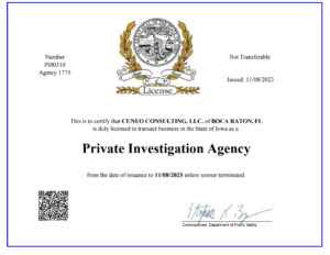 Iowa State Private Investigation Agency license for Cuneo Consulting, LLC, with validity until 11/08/2025.