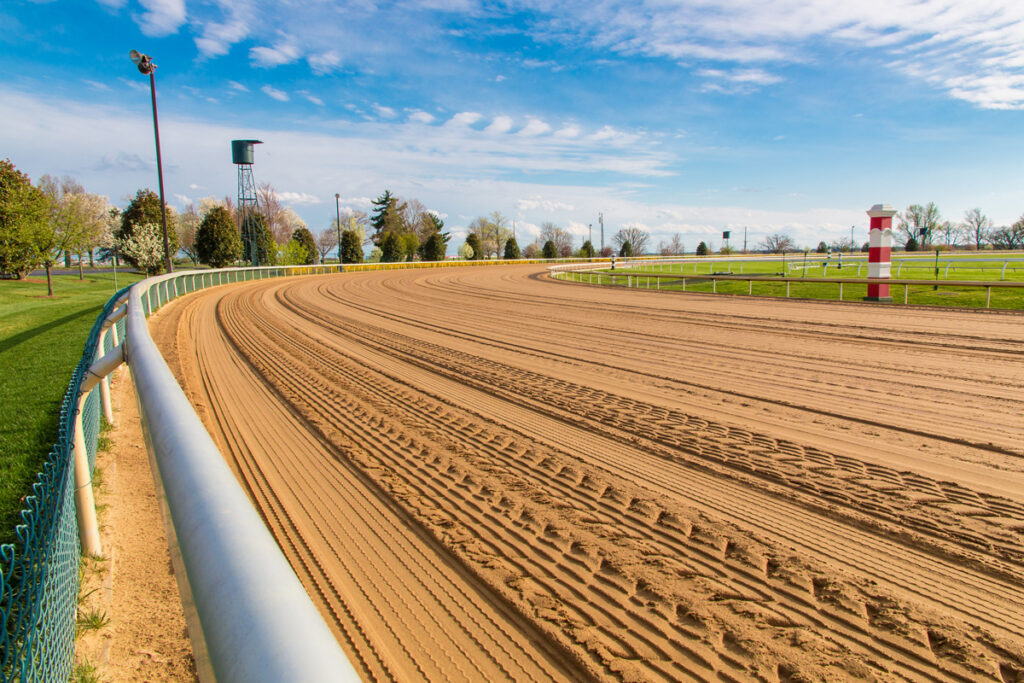 Curved horse racing track with fresh track marks on a sunny day, ready for the races.