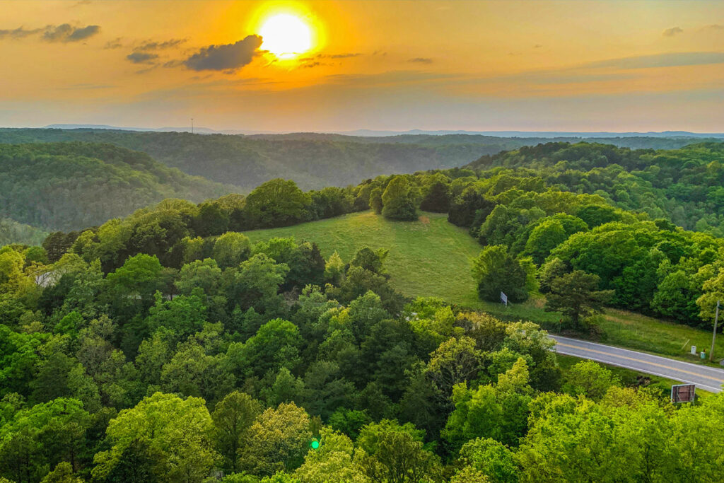 Sunset over the lush greenery of the Ozarks in Missouri, highlighting the natural beauty protected by Cuneo Consulting's environmental security services.