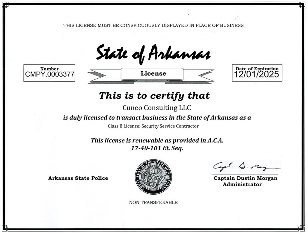 Arkansas State License for Cuneo Consulting LLC as a Class B Security Service Contractor, valid until December 1, 2025.