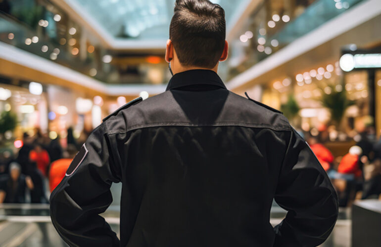Security officer standing vigilantly in a mall