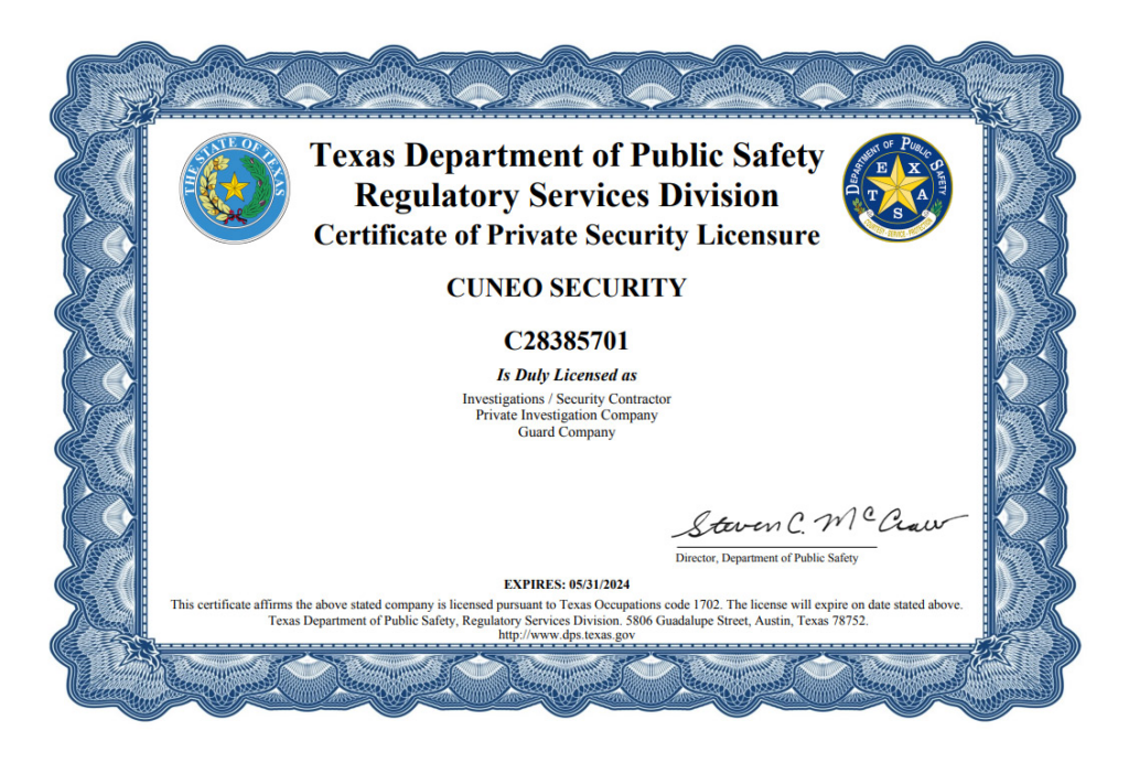 Certificate of Private Security Licensure for Cuneo Security from the Texas Department of Public Safety.