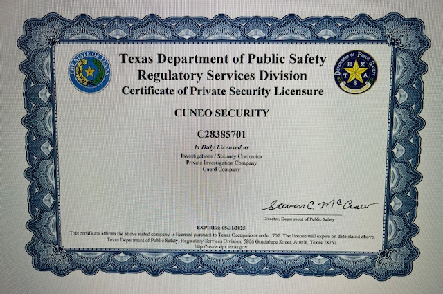 Cuneo Consulting Texas State Agency license expiring in 2025.