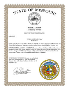 Certificate of Registration for Cuneo Consulting LLC from the State of Missouri, signed by Secretary of State John R. Ashcroft