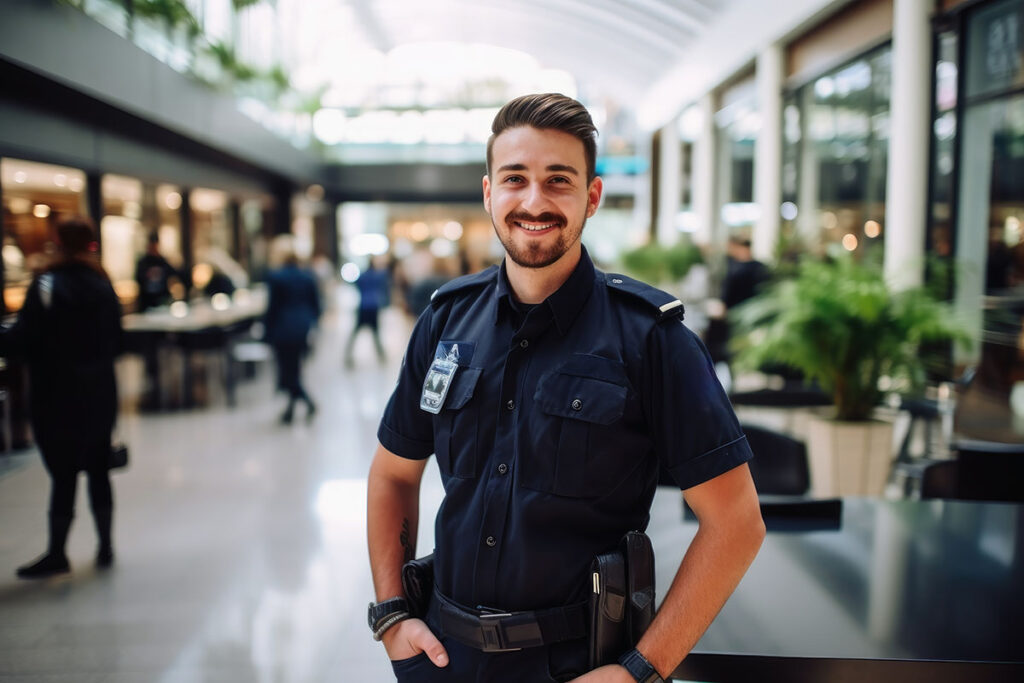 A confident male security guard with a friendly demeanor stands on duty in a bustling shopping mall.