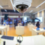 CCTV security panorama with shop store blurry background