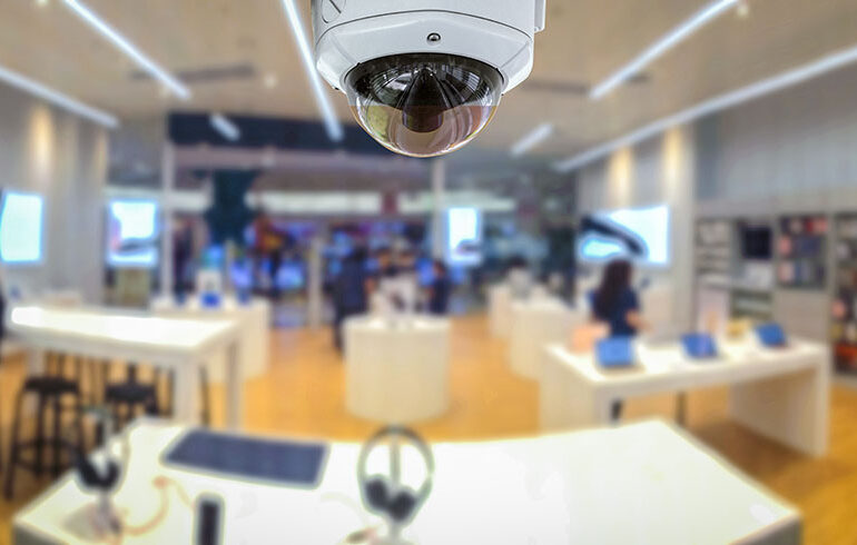 CCTV security panorama with shop store blurry background