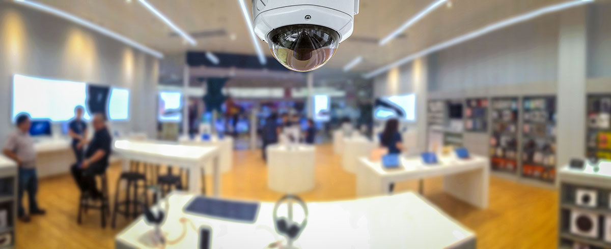 CCTV security panorama with shop store blurry background