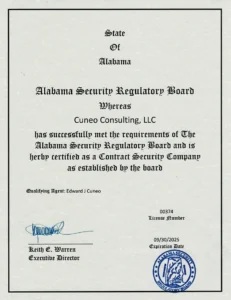 Alabama Security License expiring September 30, 2025, displayed with certification details