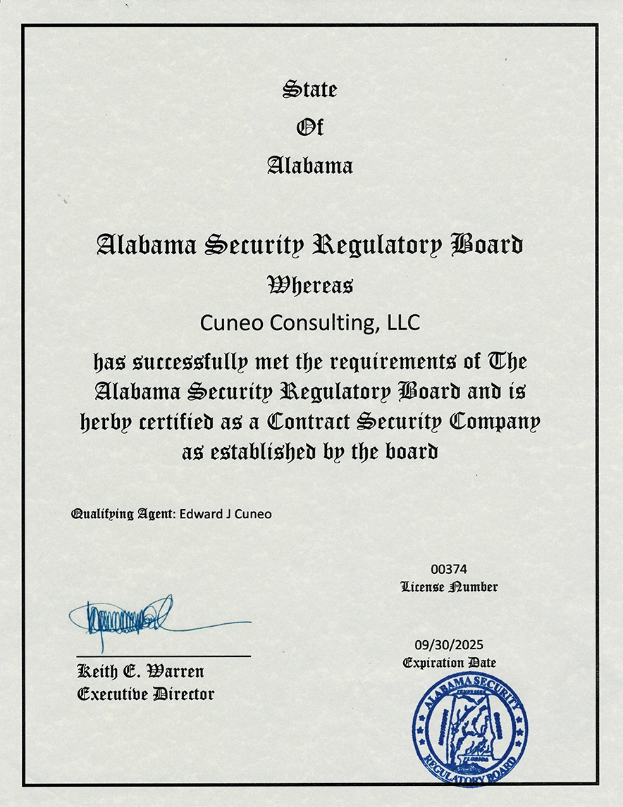 Alabama Security License expiring September 30, 2025, displayed with certification details