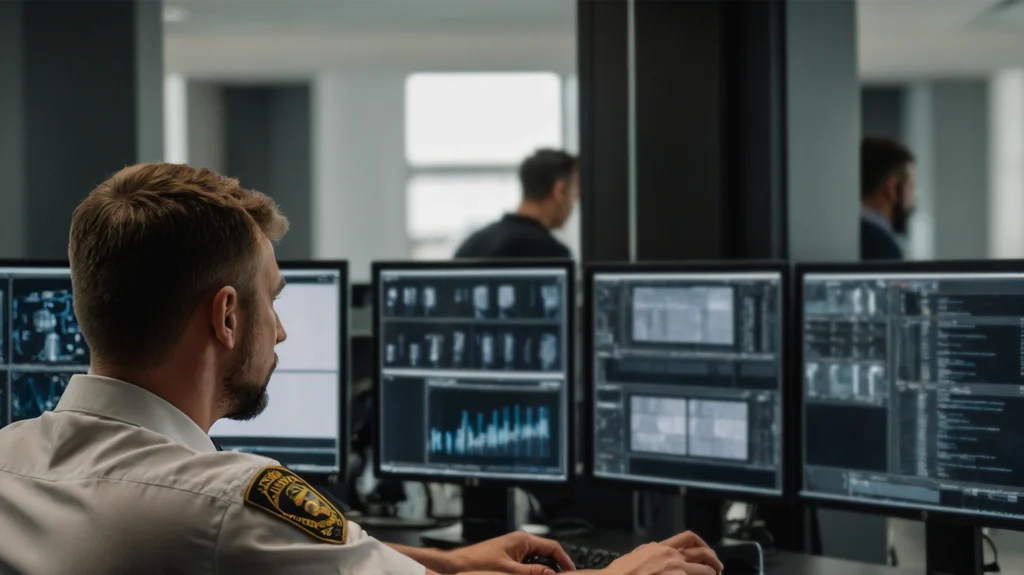 Security guard analyzing data on a computer at Cuneo Consulting.