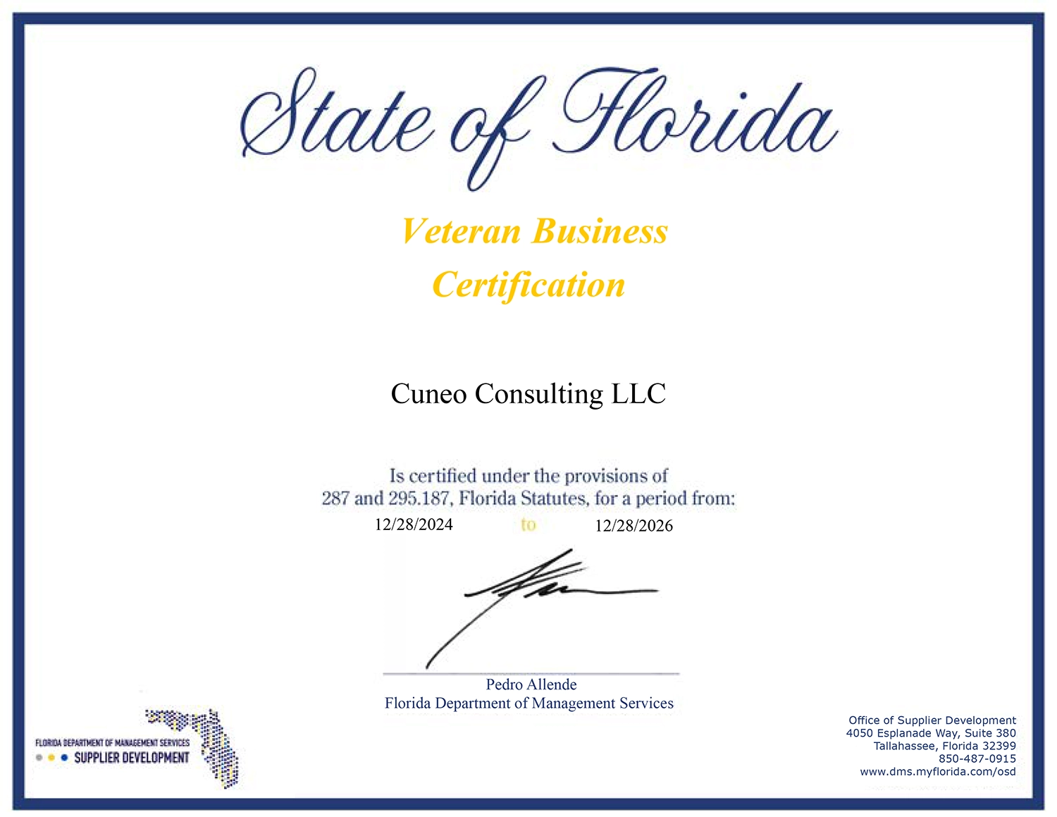 Florida Veteran Business Certification valid through 2026, issued to support veteran-owned enterprises.