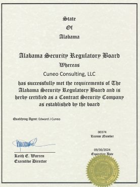 Certification document from the Alabama Security Regulatory Board for Cuneo Consulting, LLC as a Contract Security Company.