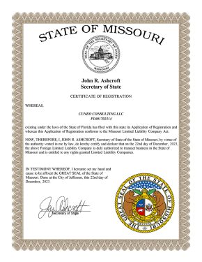 Certificate of Registration for Cuneo Consulting LLC from the State of Missouri, signed by Secretary of State John R. Ashcroft
