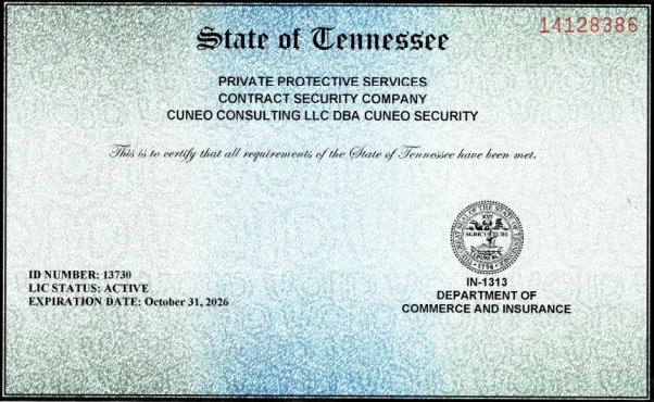 Tennessee agency license with expiration date of October 31, 2026