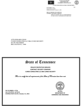 Certification document from the State of Tennessee for Cuneo Consulting LLC as a Contract Security Company.